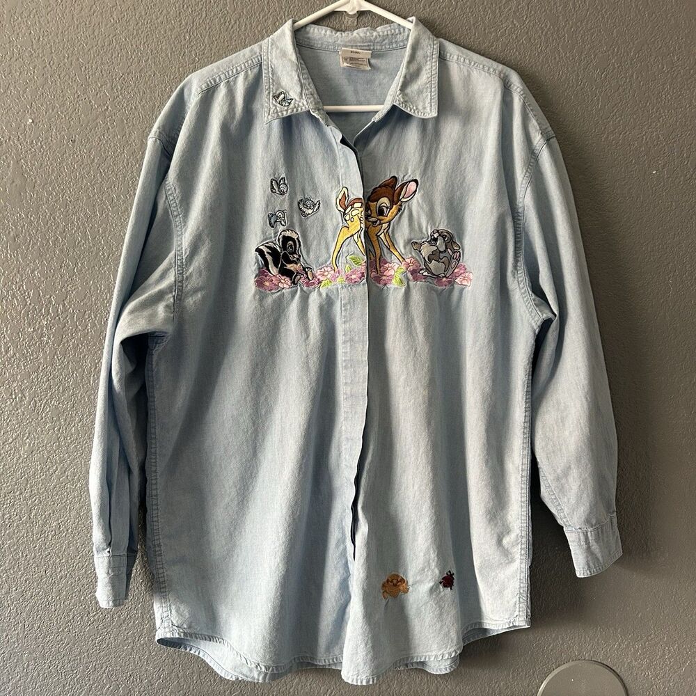 Vintage Disney Bambi Thumper 90s Y2K Embroidered Denim Shirt Size XL